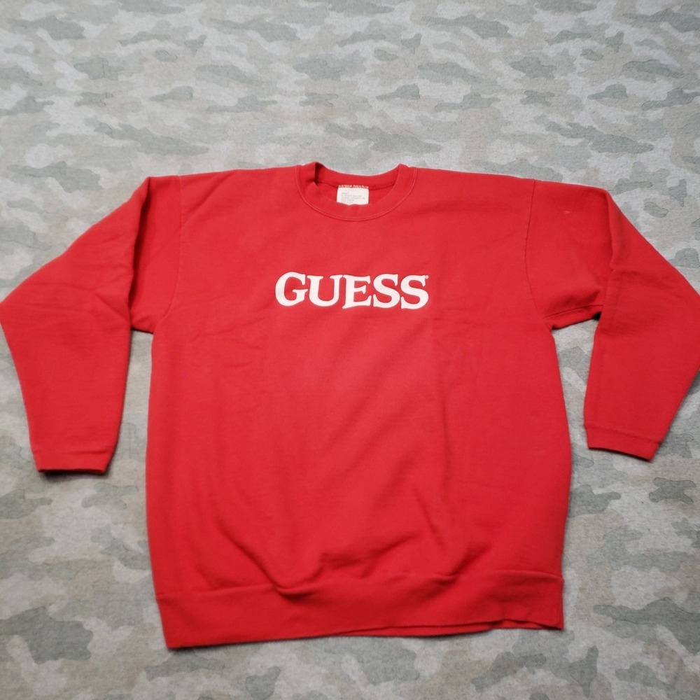 Vintage Guess Sweatshirt Mens One Size Fits All Red‎ Crew Neck Pullover Made USA